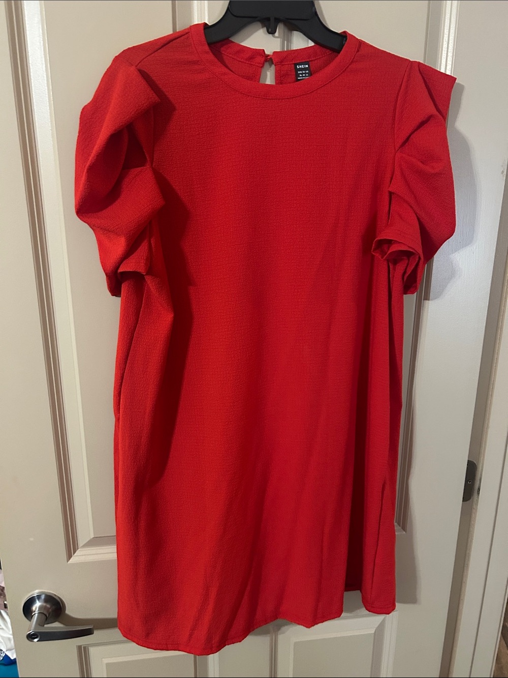 SHEIN Bright Red Textured Puff Sleeve Dress